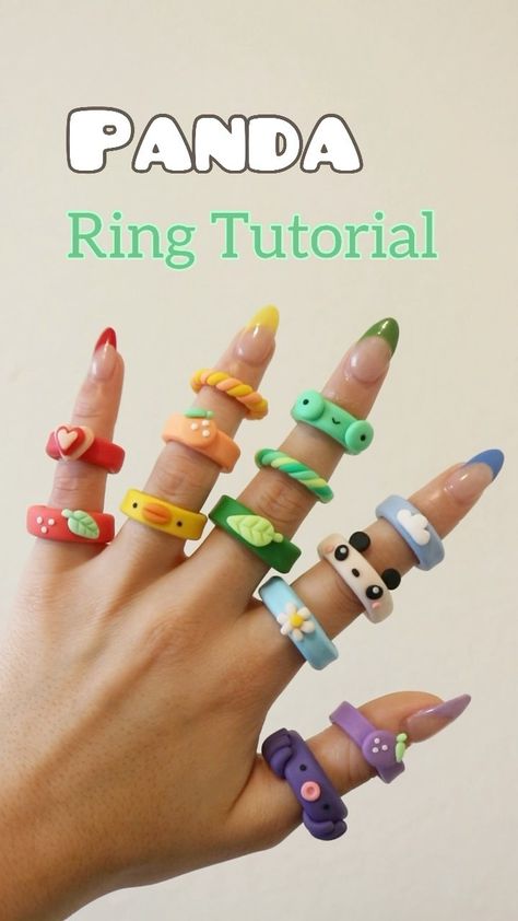 Fimo Ring Ideas, Pate Fimo Aesthetic, Clay Ring Tutorial, Polymer Clay Rings Diy, Panda Polymer Clay, Fimo Rings, Panda Ring, Cincin Diy, Fimo Ring