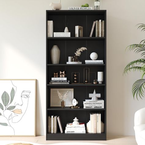 Black Bookshelf Decor, Black Book Shelf, Loft Office Ideas, Solid Shelves, Black Bookshelves, Living Room Units, Adjustable Bookshelf, Black Bookshelf, Standing Bookshelf