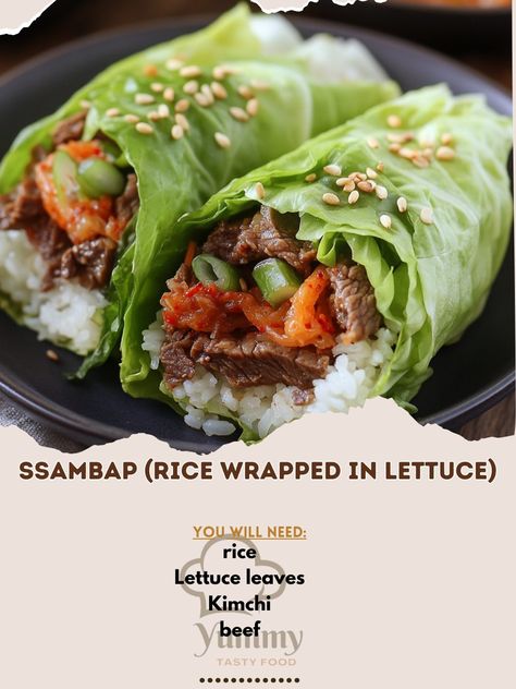 🥬 "Try Ssambap—delicious rice wrapped in fresh lettuce. A healthy, flavorful, and fun way to enjoy your meal! 🍚🥗 #Ssambap #KoreanCuisine" Ssambap (Rice Wrapped in Lettuce) Ingredients: Cooked rice (2 cups) Lettuce leaves (12-15, washed and dried) Kimchi (1/2 cup, chopped) Cooked beef (1 cup, thinly sliced) Sesame oil (1 tbsp) Soy sauce (1 tbsp) Garlic (2 cloves, minced) Green onions (2, chopped) Salt (to taste) Pepper (to taste) Instructions: Mix cooked rice with sesame oil, soy sauce, ga... Meals With Kimchi, Rice With Sesame Oil, Korean Lettuce Wraps, Lunch Asian, Rice Wraps, Delicious Rice, Enjoy Your Meal, Lettuce Cups, Refreshing Drinks Recipes