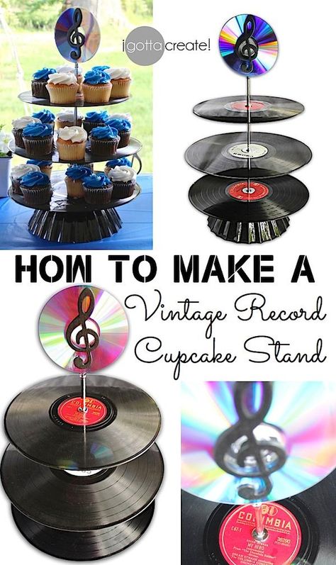 Turn up the tunesand break out the goodies! It's time to go retro and learn: How to Make AVintage Record Cupcake Stand   I've assembled an easy - to - followphoto friendly tutorialwith all the steps f Record Cupcake Stand, Music Scales, Festa Rock Roll, Music Theme Party, Wedding Record, Cupcake Vintage, 70s Party Theme, 80s Birthday, Vinyl Record Crafts