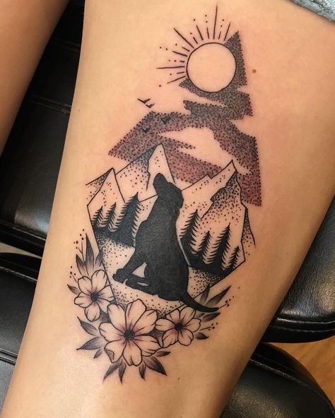 Blackwork dog and mountains outdoors nature tattoo Outdoor Tattoo, Tatoo Dog, Nature Tattoo Sleeve, Dog Memorial Tattoos, Western Tattoos, Nature Tattoo, Memorial Tattoo, E Tattoo, Mountain Tattoo