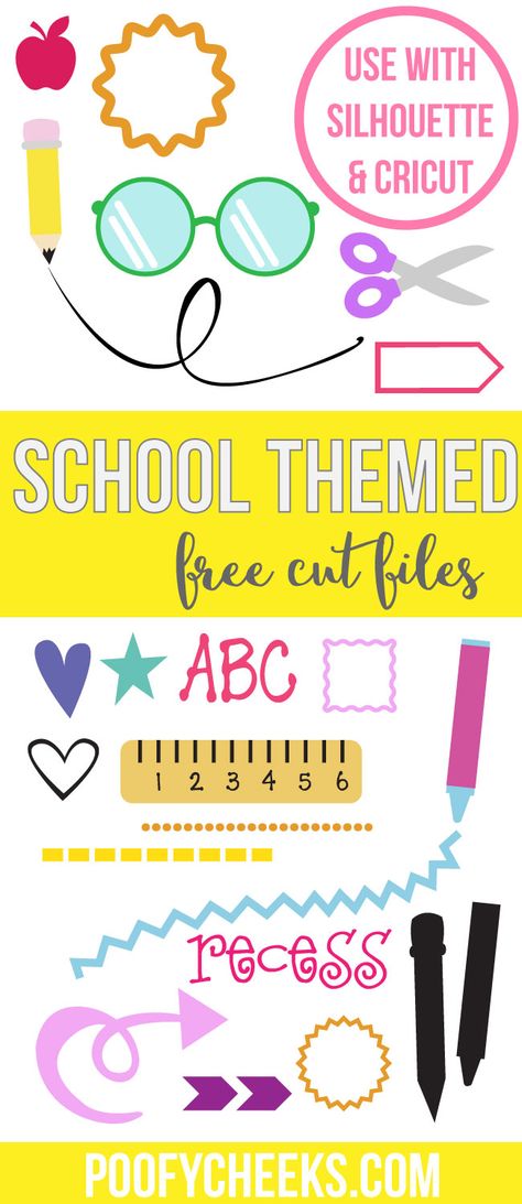 Back to School Themed Cut Files - For Silhouette and Cricut Machines - Vector Files - Poofy Cheeks Cricut Templates, Cricut Svg Files Free, Free Silhouette Cut Files, Cricut Supplies, Silhouette School, School Teacher Gifts, Free Cut Files, Cricut Free, School Themes