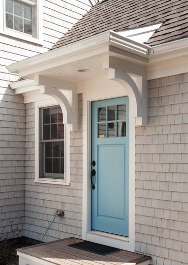 Small Outdoor Entryway Ideas Front Entry Porch Designs, Portico Entry Cape Cod, Small Roof Over Doorway, Back Door Overhang Ideas, Overhang Over Front Door, Porch Portico Ideas, Door Overhang Ideas Exterior, Side Door Portico, Front Door Shelter