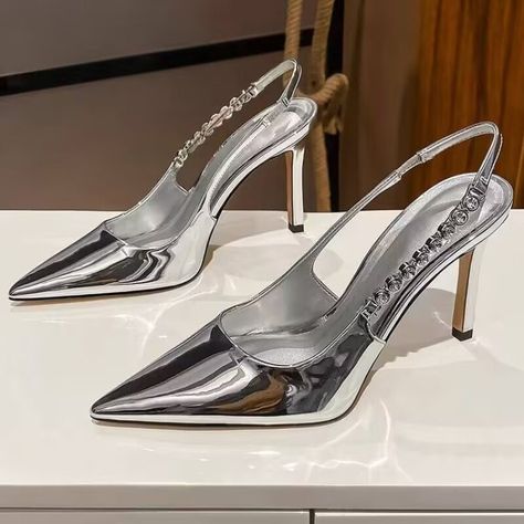 Shiny High Heels Slingback Women Pumps Metallic Crystal Sandals Pointy Toe Stiletto Heeled Shoes Branded Heels, Heels Slingback, Crystal Sandals, Silver Pumps, Womens Pumps, Rhinestone Heels, Pointed Heels, Silver Heels, Dress Shoes Womens