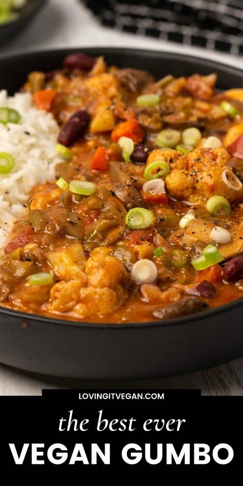 Fabulously hearty vegan gumbo with loads of flavor from a rich vegan roux and tons of veggies. Savory and delicious comfort food! | lovingitvegan.com Veggie Gumbo Recipe, Vegetable Gumbo Recipes, Black Vegan Soul Food Recipes, Vegan Gumbo New Orleans, Vegetarian Soul Food Southern Style, Vegetarian Creole Recipes, Southern Vegan Recipes, Vegan Creole Recipes, Vegan Southern Food