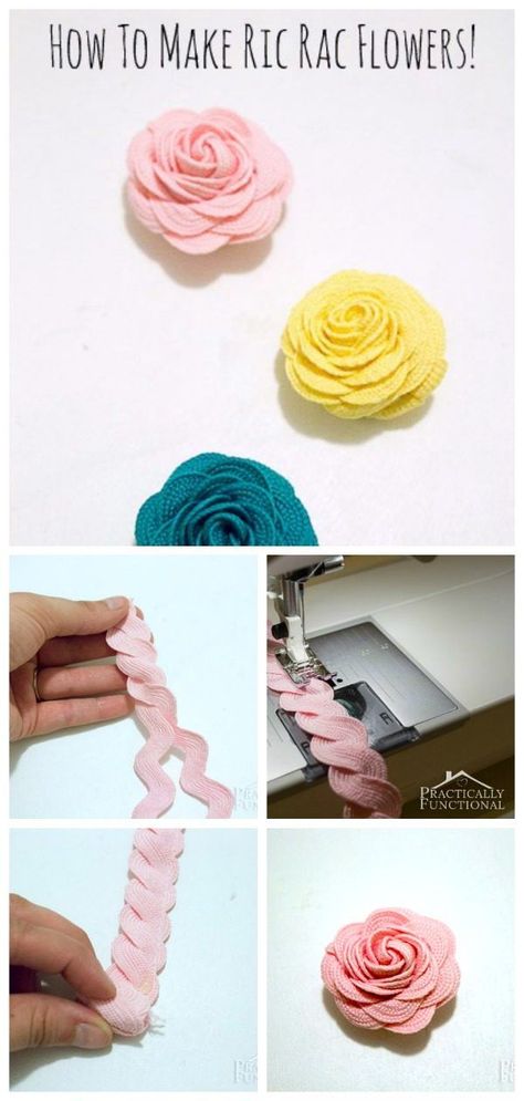 How To Make Ric Rac Flowers | Follow this tutorial by Jessi from Practically… Make Fabric Flowers, Tips Menjahit, Dog Sewing, Kerajinan Diy, Diy Flores, Folded Paper, Sew Ins, Costura Diy, Ribbon Flower