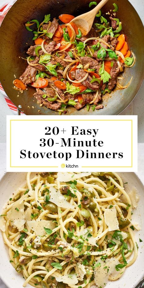 30 Minute Dinner Ideas - Fast Stovetop Recipes | Kitchn No Stove Or Oven Meals, Stovetop Dinner Ideas, Stovetop Dinner Recipes, One Skillet Dinners, Stovetop Dinners, Van Recipes, Stovetop Recipes, Top Dinner Recipes, Lazy Dinners