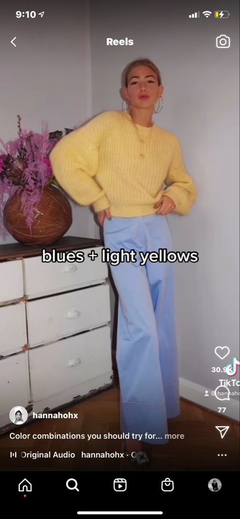 From hannahohx on insta Light Blue And Yellow Outfit, Light Blue Color Combinations Outfit, Spring Color Combos, Blue Dress Accessories, Blue Color Combinations, Yellow Birthday, Color Combinations For Clothes, Yellow Pants, Ootd Ideas