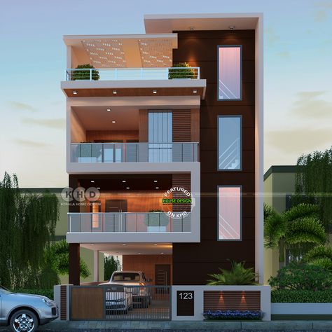 Contemporary Triplex House Design in Kerala Modern Triplex House Plans, Modern Triplex House Design, Triplex House Elevation, Triplex House Design, House Design In Kerala, Triplex House Plans, Triplex House, House Bungalow, Kerala Home