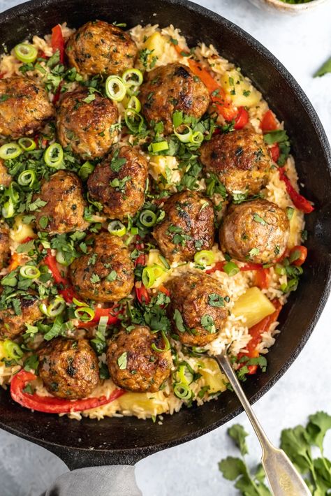 Incredible firecracker chicken meatballs made with flavorful spices and served with a creamy cilantro coconut pineapple rice. These healthy firecracker chicken meatballs are spicy, sweet, savory and make an incredible one pan meal. Easily made gluten free and perfect for meal prep! #meatballs #chicken #onepan #dinner #mealprep #dairyfree #coconutmilk Coconut Pineapple Rice, Firecracker Chicken Meatballs, Pineapple Rice, Firecracker Chicken, Ambitious Kitchen, Peanut Butter Sauce, Frozen Meatballs, Chicken Meatballs, One Pan Meals