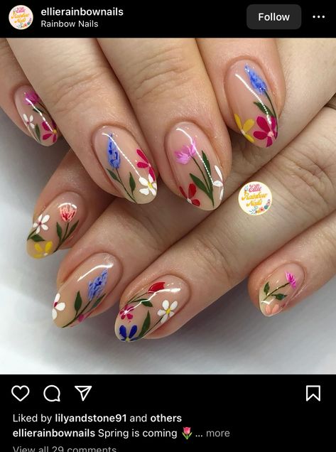 Sparkly Floral Nails, Floral Gel Nail Designs, Colorful Floral Nails, Bridal Nails Floral, Painted Flower Nails, Wild Flower Nails, Wildflower Nails, 2023 Manicure, Pokemon Nails