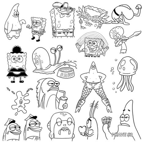 Cartoon Tattoo Outlines, Cartoon Tattoo Ideas Sketches, Spooky Cartoon Tattoos, Tattoo Stencils Cartoon, Flash Art Tattoo Simple Cute, Funny Cartoon Tattoo Ideas, Mini Filler Tattoo, Cartoon Character Tattoo Design, Small Character Tattoos