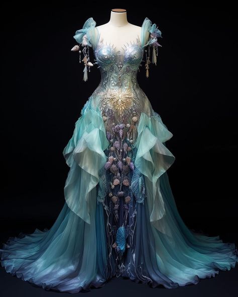 🫧Wearing beautiful, ocean-inspired dresses like a mermaid would be a lot of fun. It's a shame they weren't used in the movie. Creating… | Instagram Mermaid Fashion Dress, Ocean Inspired Costume, Under The Sea Gown, Water Wedding Dress, 90s Fashion Design, Mermaid Inspired Dresses, Ocean Ball Gown, Mermaid Inspired Outfits Aesthetic, Ocean Aesthetic Dress