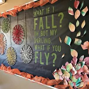 Future Bulletin Board Ideas, Fall Inspirational Bulletin Boards, What If I Fall What If You Fly Bulletin Board, Fall Bulletin Board Ideas Upper Elementary, Fall Growth Mindset Bulletin Board, Fall Hallway Bulletin Boards, November Staff Bulletin Board, Fun Work Bulletin Board Ideas, Fancy Bulletin Boards