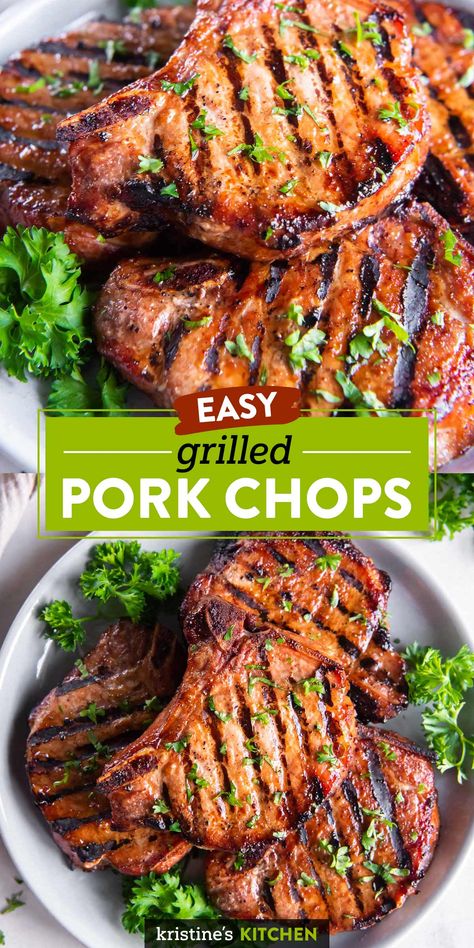 This easy Grilled Pork Chops recipe has a delicious pork chop marinade. It's one of our favorite grilling recipes, perfect for a BBQ or quick dinner. Tender Bbq Pork Chops, Grilled Bbq Pork Chop Recipes, Asian Grilled Pork Chops, Pork Chop Recipes Barbecue, Summer Pork Chop Recipes Grill, Grilled Pork Chop Dinner Ideas, Grilled Porch Chop Recipe, Moist Grilled Pork Chops, Barbecue Pork Chop Recipes