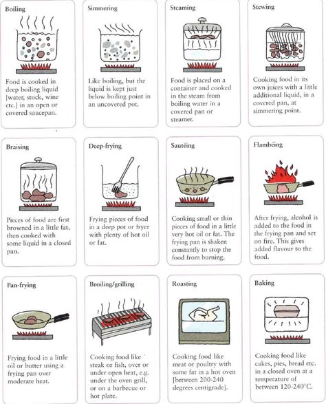 Different ways to cook food in a restaurant or at home. Boiling, simmering, steaming, stewing, braising, deep-frying, sauteing, flambeing, pan-frying, broiling, grilling, roasting, baking Resep Puff Pastry, Kitchen Cheat Sheets, Culinary Classes, Food Vocabulary, Culinary Techniques, Idee Pasto, Spanish Tapas, Cooking 101, Cooking Lessons