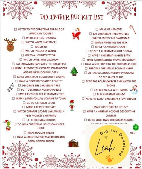 Looking for a way to make December a month to remember? Use this bucket list to help you make the most of this holiday season.  There are activities the whole family will enjoy! Month Of December Activities, December To Do List, December Checklist, Christmas Traditions Ideas, December Bucket List, Things For Christmas, Holiday Bucket List, Christmas Checklist, Christmas To Do List