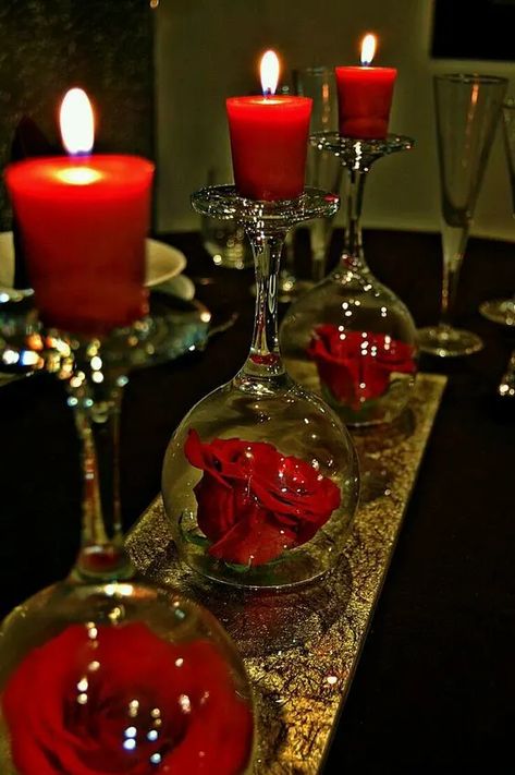 Valentine Day Table Decorations, Cheap Holiday Decor, Dollar Store Christmas Decorations, Wine Glass Candle Holder, Valentine Table Decorations, Wine Glass Candle, Romantic Table, Christmas Table Centerpieces, Dekor Diy