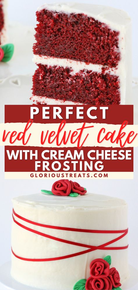 Perfect Red Velvet Cake with Cream Cheese Frosting, Valentine's dessert ideas, Valentine treats Red Velvet Icing, Homemade Red Velvet Cake, Light Chocolate Cake, Velvet Recipes, Best Red Velvet Cake, Red Desserts, Cream Cheese Frosting Cake, 4 Cake, Giraffe Cakes