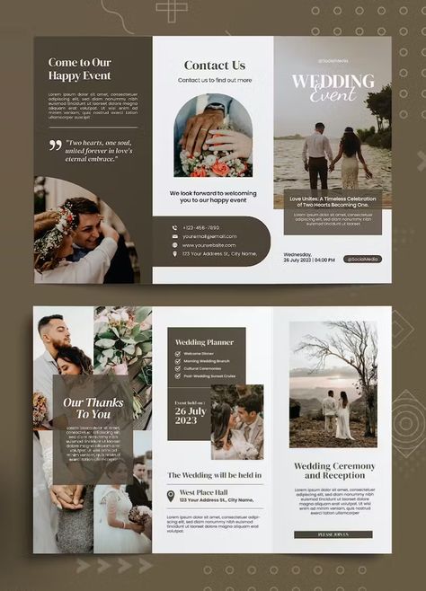 Wedding Event Trifold Brochure Template AI, EPS, PSD Brochure Design Photography, Wedding Day Brochure, Events Brochure Design, Wedding Venue Brochure Design, Wedding Brochure Design Layout, Venue Brochure Design, Wedding Flyers Design Ideas, Brochure Layout Ideas, Event Brochure Design