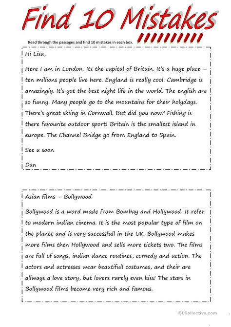 Find 10 Mistakes (2 pages task + 2 pages key) - English ESL Worksheets for distance learning and physical classrooms Teaching Reading Comprehension, Esl Games, English Worksheet, English Exercises, Teaching English Grammar, English Grammar Worksheets, English Activities, Grammar Lessons, School Worksheets