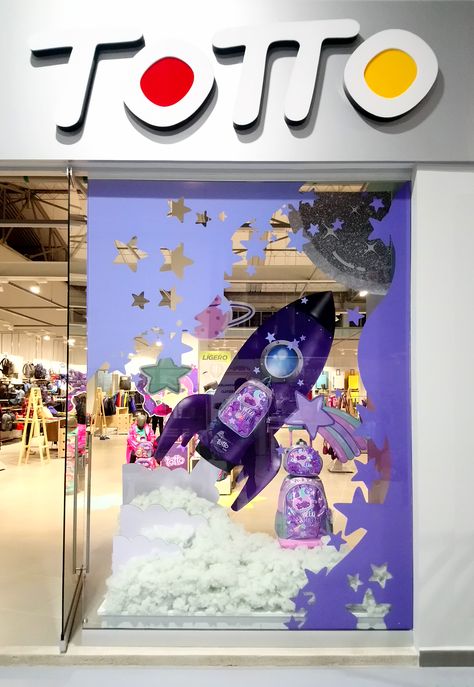 Kids/Rocket/Stars/Purple/Window Display Toy Store Window Display Ideas, Space Window Display, Toy Window Display, Toy Store Window Display, Toy Store Design, Purple Window, Rockets For Kids, Store Window Display, Store Window Displays