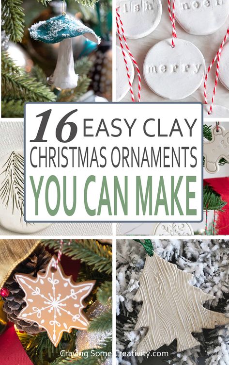 Collage of clay Christmas ornaments with snowflakes, trees, and mushrooms. Make Clay Christmas Ornaments, Minimalist Christmas Ornaments Diy, Christmas Crafts Air Dry Clay, Homemade Clay Ornaments Recipe, Small Clay Christmas Ornaments, Christmas Decor Clay Diy, How To Make Ceramic Ornaments Diy, Best Clay For Ornaments, Tree Ornaments Dyi