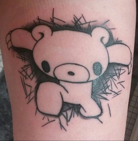 My latest addition! Looking forward to the color.. 2 wks! #GloomyBear #Tattoo Gloomy Bear Tattoo Ideas, Enderman Tattoo, Scene Tattoo Ideas, Domo Tattoo, Gloomy Bear Tattoo, Gloomy Tattoo, Scene Tattoos, Cute Thigh Tattoos, Emo Tattoos