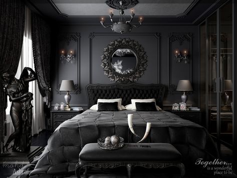 Elegant Black Bedroom.., mohd ashraf on ArtStation at https://www.artstation.com/artwork/8lRBRG Black Victorian Bedroom, Vs Bedroom, Dark Elegant Bedroom, Black Bedroom Design, Black Bedroom Decor, Gothic Ideas, Bilik Idaman, Gothic Bedroom, Feminine Bedroom