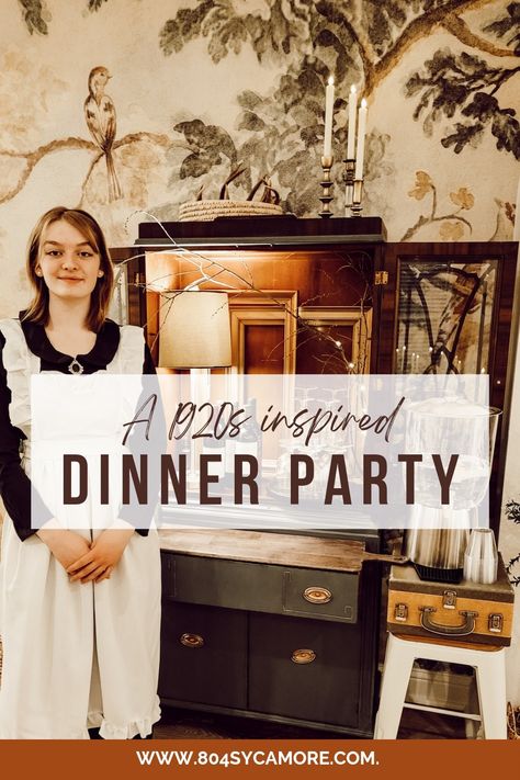 A server dressed in a maid costume in front of the self serve drink cabinet. 1920s Menu Food, 1920 Dinner Party Food, 1920s Dinner Party Decor, 1920s Menu Ideas, 1920s Snacks, 1920 Dinner Party, 20s Food 1920s Party, 1920 Food Ideas, 1920s Christmas Party