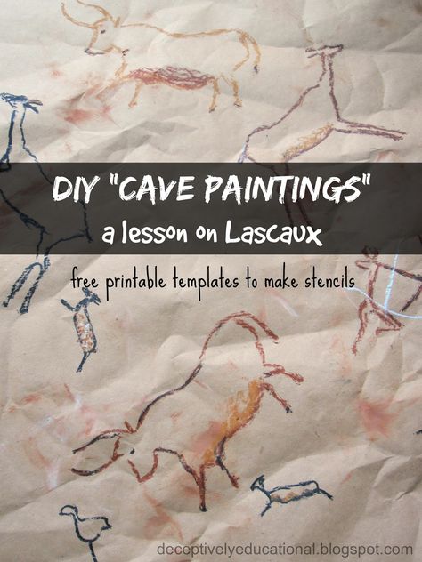 Relentlessly Fun, Deceptively Educational: DIY "Cave Paintings" (a Lesson on Lascaux) Free download: templates to make stencils. Diy Cave, Lascaux Cave Paintings, Stone Age Art, Art History Memes, Art History Lessons, Cave Drawings, 6th Grade Social Studies, Prehistoric Art, Homeschool History