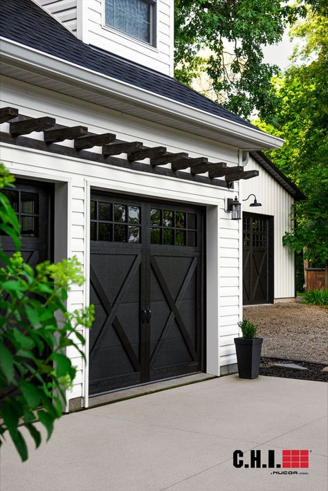 Arbors Over Garage Doors, Brown Garage Doors White House, Garage Door Makeover Ideas, Traditional Garage Doors, Beautiful Garage Doors, Garage Doors Makeover, Garage Doors Farmhouse, Garage Doors Black, Garage Awning