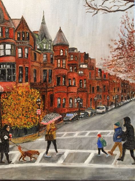 Boston Illustration City, Boston Painting Ideas, Fall Aesthetic Prints, Fall Prints Artwork, Boston Sketch, Boston Drawing, Boston Illustration, Boston Watercolor, Boston Painting