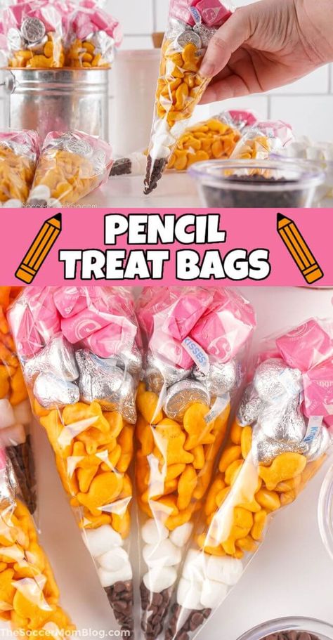 These Pencil Treat Bags are a cute and easy idea for back-to-school or classroom parties! The layers of snacks look just like a real pencil! Birthday Treat School Classroom, Back To School Pencil Snack, Fun School Snacks For Kindergarten, Cute School Snack Ideas, 1st Day Of School Treats For Students, Pencil Snack Bag, Back To School Snack Ideas For Students, First Day Snacks For Students, Pencil Goodie Bag