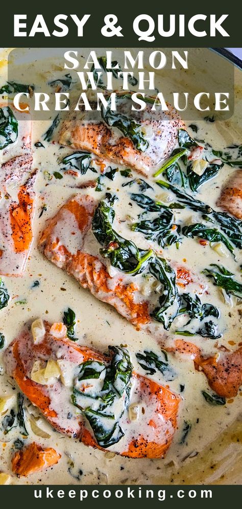 Whip up The Best Salmon in Cream Sauce for a dinner that’s both indulgent and simple! This creamy and easy recipe combines Tuscan flavors with tender, pan-seared or air fryer salmon. It’s a quick and delicious meal that’s elevated by a rich, creamy sauce infused with garlic and paired with fresh spinach. Perfect for weeknights when you need something impressive without the hassle. You’ll love how this dish brings a restaurant-quality feel right to your kitchen! Salmon In Cream Sauce, Salmon Spinach Recipes, Salmon Sauce Recipes, Creamy Tuscan Salmon, Salmon With Cream Sauce, Salmon Recipe Pan, Spinach Cream Sauce, Creamy Spinach Sauce, Tuscan Salmon Recipe