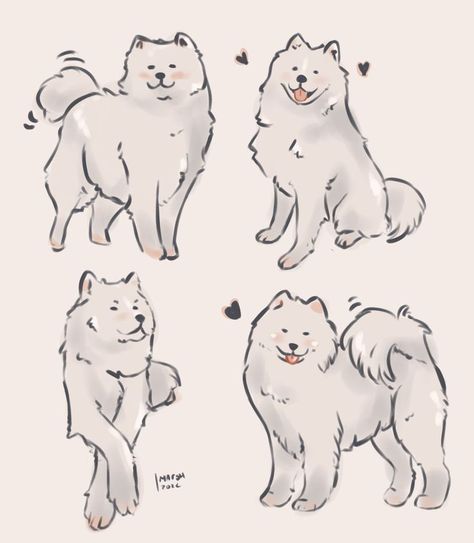 Samoyed Drawing, Chibi Dog, Dog Design Art, 강아지 그림, Canine Art, Cute Doodles Drawings, Chibi Drawings, Dibujos Cute, Dog Illustration