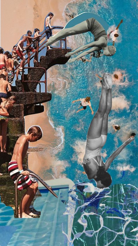 Vintage Swimming Pool Illustration, Underwater Collage Art, Diving Board Aesthetic, Rdr Poster, Beach Collage Aesthetic, Scuba Aesthetic, Swimming Collage, River Collage, Vintage Swimming Pool