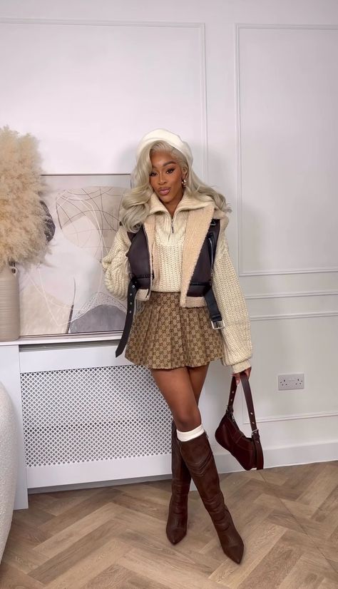 Brown Boots Party Outfit, Brown And White Outfit Black Women, 21st Birthday Outfits Black Women Fall, London Attire Winter, Birthday Fit Winter, Creme Outfits For Women, Fair Fall Outfits, Dc Fall Outfits Washington, Brown Dress Outfit Black Women