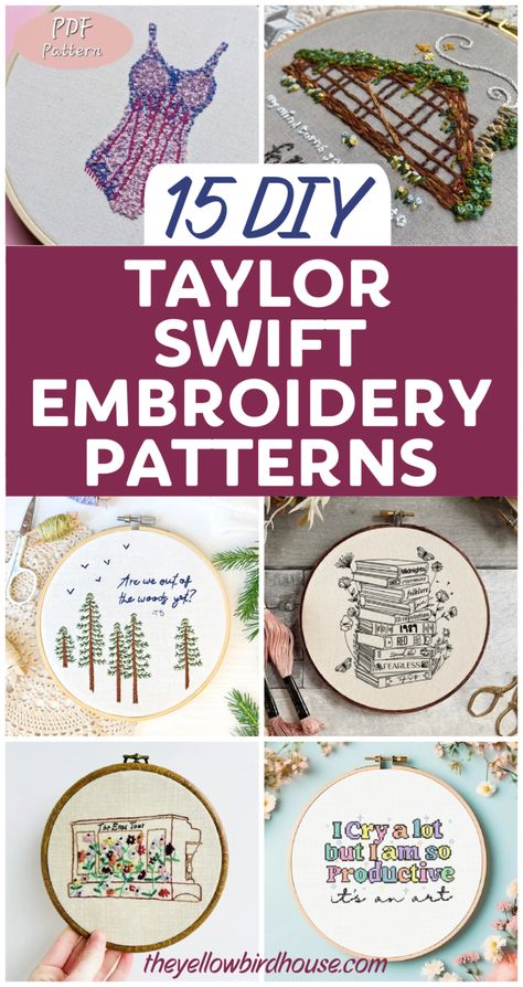 15 Fun DIY Taylor Swift embroidery patterns. The best and most beautiful DIY embroidery patterns to decorate the home of a Taylor Swift fan! Hand embroidery patterns for Swifties. Beginner friendly embroidery designs to download and make today. Taylor Swift themed DIY embroidery art. Sweary Embroidery Patterns, Taylor Swift Obsessed, Pride And Prejudice Embroidery Pattern, Embroidery Designs Words, Taylor Swift 1989 Embroidery, Diy Embroidery Patterns Templates, Taylor Swift Lyric Embroidery, Embroidery Designs Taylor Swift, Embroidery Patterns Funny