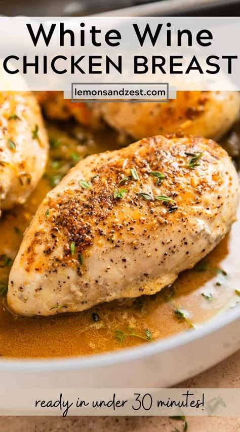 Simple, delicious pan seared White Wine Chicken Recipe is a juicy stove top chicken dish that is ready in about 20 minutes. A rich buttery white wine sauce makes this a perfect dinner that will pair with your favorite side dishes! White Wine Chicken Recipes, Chicken Stove Top Recipes, Wine Sauce For Chicken, Stove Top Chicken Breast Recipes, Chicken White Wine, Cooking Wine Recipes, Chicken In White Wine Sauce, Lemon White Wine Sauce, Chicken In White Wine