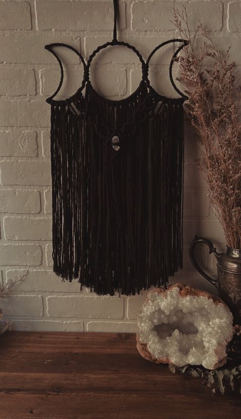 Black Triple Moon Wall Hanging adorned with a Clear Quartz Point in the middle Witchy Macrame, Goth It Yourself, Black Macrame Wall Hanging, Crystal Wall Hanging, Buck Moon, Moon Macrame, Moon 2023, Macrame Creations, Goddess Symbol