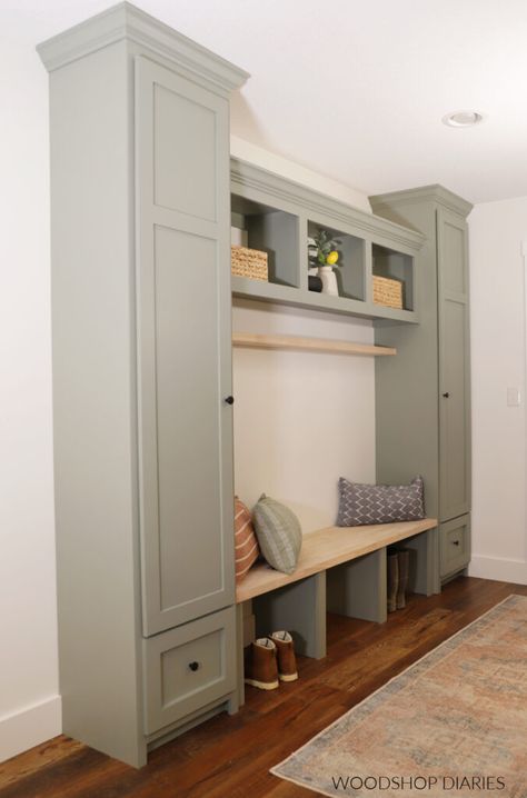 DIY Built In Mudroom Cabinets Mud Room Cabinet With Bench, Mud Room Built Ins With Bench, Small Mudroom Built Ins With Bench, Mudroom Cabinets Diy, Mud Room Cubbies With Bench Diy, Built In Cubby Wall, Open Mudroom Entryway, Entryway Built In, Cabinets In Mudroom