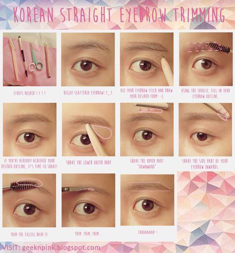 This is how I trim my brows. It's actually pretty easy! :D Forming straight brows can make you look younger and more innocent! HAHA It's a trend in South Korea and most likely, in the whole globe! How To Get Straight Brows, How To Do Straight Eyebrows, Straight Brows Tutorial, Straight Eyebrows Tutorial, Korean Eyebrows Shaping, Korean Brows, Brows Shape, Korean Eyebrows, Eyebrows Shaping