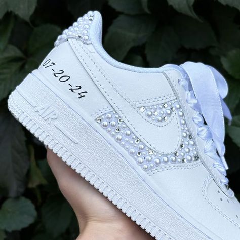 Unique Wedding Sneakers for Brides Personalized Bridal Sneakers Custom Wedding Air Force 1, Bride Nike Air Force, Pearl Nike Air Force, Bride And Groom Air Force Ones, Customized White Air Forces, Wedding Sneakers For Bride, Bridal Sneakers, Wedding Sneakers, Custom Air Force 1