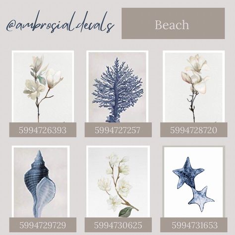 Beach Decals, Bloxburg Beach House, Coastal Pictures, Beach House Room, Wall Transfers, Modern Decals, Bloxburg Decals Codes Aesthetic, Preppy Decal, Blocksburg Room Ideas￼