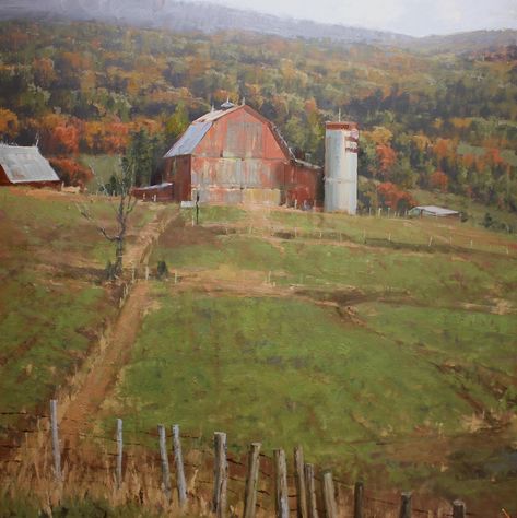 Roger Dale Brown: Lets the Light In Farm Scene Painting, Brown Paintings, Composition Painting, Farm Paintings, Barn Painting, Barn Art, Farm Scene, Country Landscaping, Old Barns