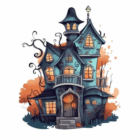 Painting A Haunted House, Spooky House Illustration, Halloween House Illustration, Spooky House Drawing, Haunted House Illustration, Haunted House Clipart, Haunted House Drawing, Diy Journaling, Halloween Gourds