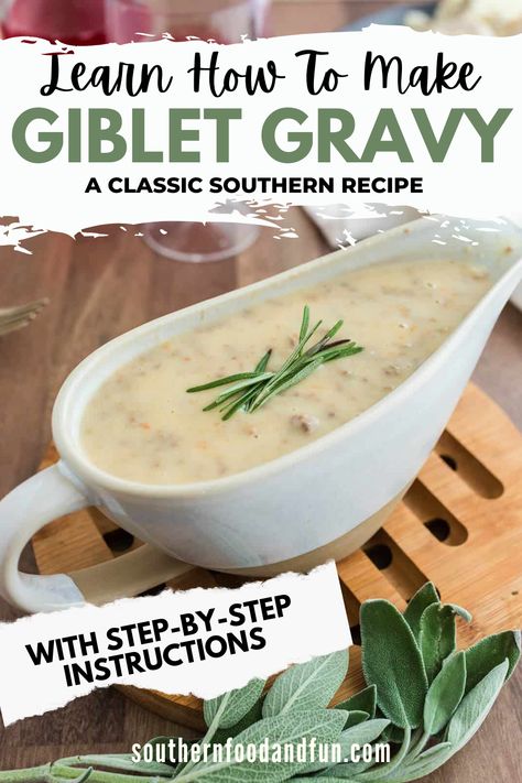 Experience the comforting delight of Giblet Gravy, a cherished Southern staple created with homemade turkey or chicken stock and enriched with chopped, cooked giblets. Elevate its richness with a splash of cream, making it the must-have addition to your Thanksgiving feast. Perfect to lavish on turkey, dressing, mashed potatoes, and more, it promises a touch of indulgence on every plate. Cooking Giblets For Gravy, Gilbert Gravy, How To Make Giblet Gravy Turkey, Southern Giblet Gravy With Egg, Giblet Gravy Recipe Easy, Giblet Gravy Recipe Southern, Southern Giblet Gravy, Giblet Gravy Recipe, Turkey Giblet Gravy