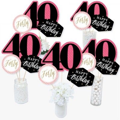 Chic 40th Birthday - Pink, Black and Gold Centerpiece Sticks INCLUDES 15 Chic 40th Birthday - Pink, Black and Gold table toppers in three different shapes, 15 wooden dowel sticks and stickers for easy assembly. Fortieth birthday party table decorations are perfect for a birthday party. Chic 40th Birthday - Pink, Black and Gold Party Centerpiece Sticks SIZE five 40 table toppers, 11" wide x 8" tall; five Circle table toppers, 5.5" wide x 5.5" tall; and five Happy Birthday table toppers, 7" wide x 40th Birthday Party Centerpieces, 50th Birthday Party Centerpieces, 40th Birthday Centerpieces, Black And Gold Centerpieces, Gold Theme Party, 50th Birthday Centerpieces, Birthday Party Table Decorations, 50th Birthday Decorations, Candy Birthday Party