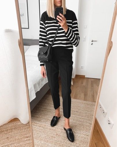 Black Mules Outfit Work, Black Mules Outfit, Black Slacks Outfit, Casual Trench Coat Outfit, Business Chic Outfits, Slacks Outfit, Striped Sweater Outfit, Black Sweater Outfit, Black Slacks